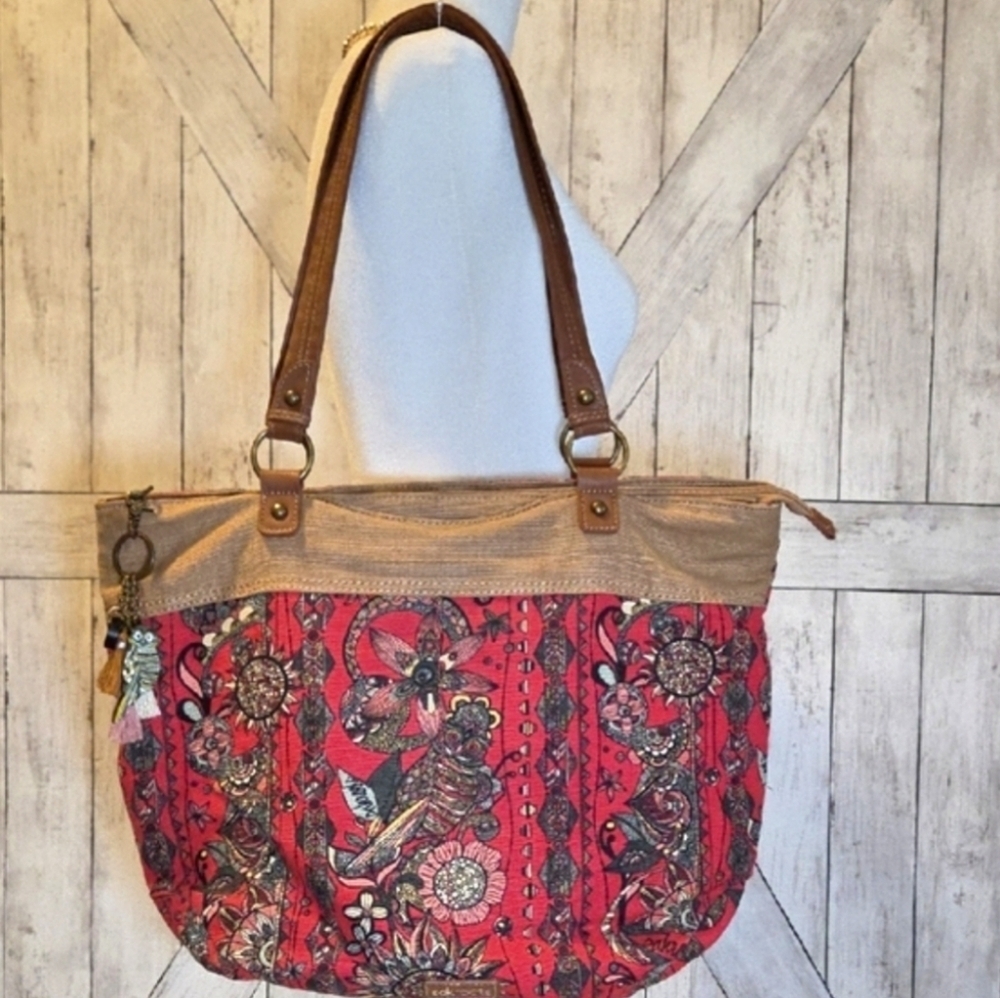 Sakroots Red and Tan Floral Tote Bag